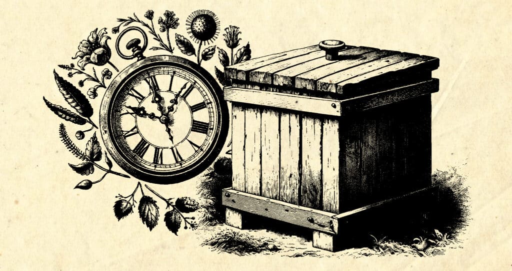 Fast composting methods symbolized by a compost bin adjacent to a swiftly moving clock, surrounded by flourishing plant life.