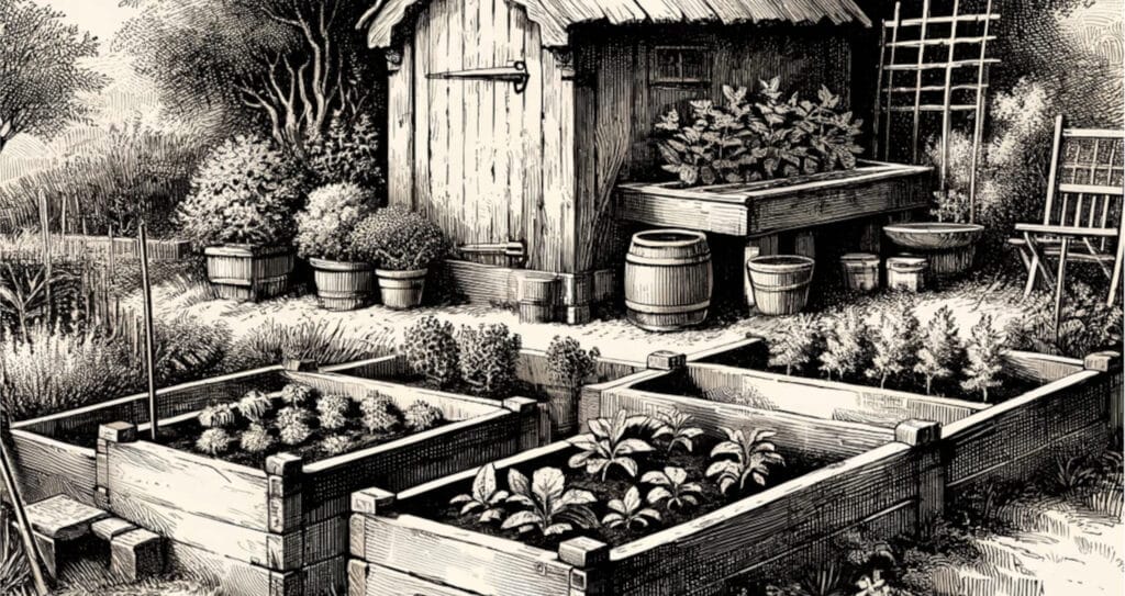 A serene garden features raised beds and an assortment of plants that benefit from the robust structure and mineral richness of red clay soil.