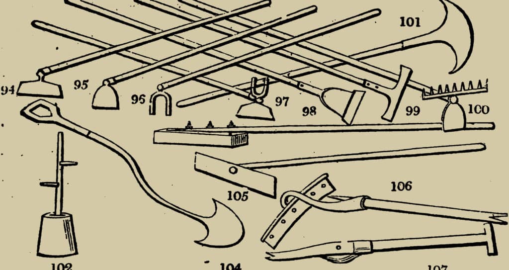 A collection of agricultural tools essential for tending to and examining the soil profile in various layers of farmland.