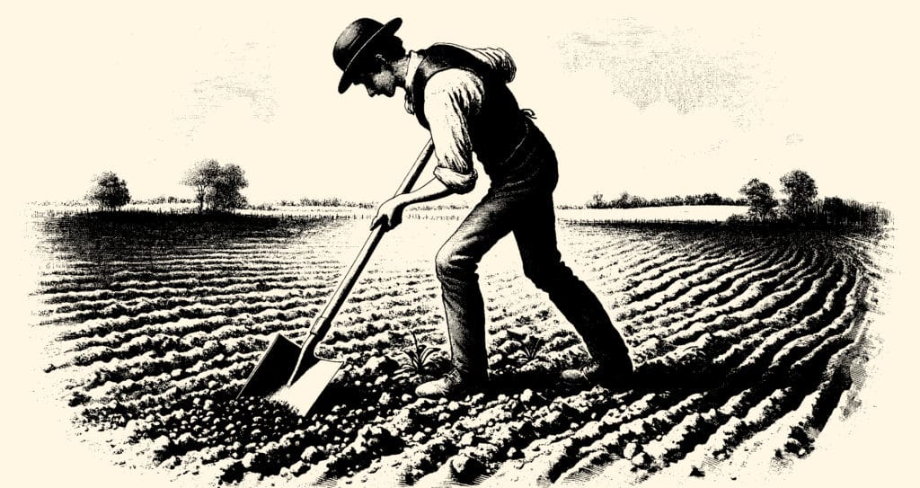A farmer tilling the land highlights the importance of understanding specific soil type guides for crop cultivation.