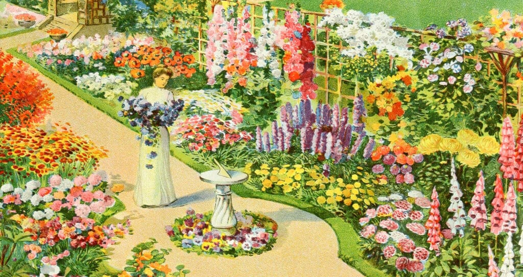 A woman admires a vibrant garden, rich with a variety of flowers that thrive in the nutrient-rich topsoil.