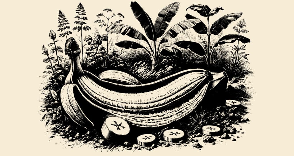 A cluster of bananas, a plant known for its high potassium content, nestled in a lush, detailed garden, which benefit from potassium fertilizer for optimal growth.