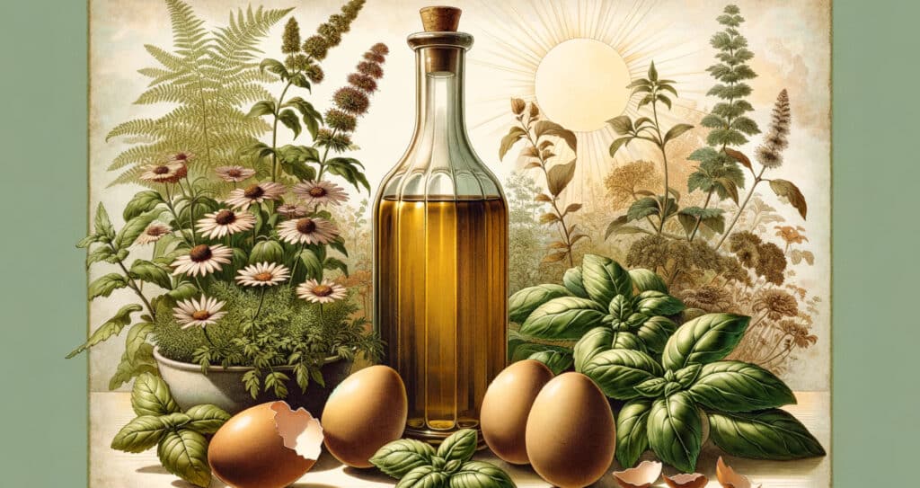 Eggshells and a bottle of vinegar, hinting at the process of creating water soluble calcium, an essential nutrient for a flourishing garden.